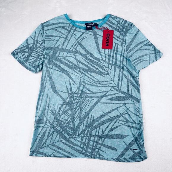 Hugo Boss Men’s Large Blue Cotton Linen Short Sleeve Slim Fit T-Shirt - Picture 1 of 12